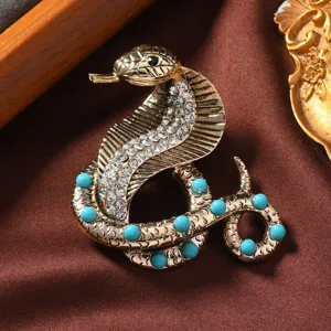 Retro Cobra Snake Brooch Pin Vintage Imitation Turquoise Rhinestone Inlaid Zinc Alloy Animal Brooches Jewelry For Women Men