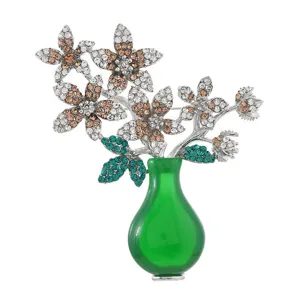 Elegant rhinestone green vase flower brooch, vintage crystal pin for women apparel.