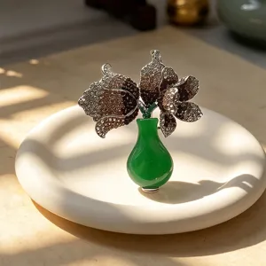 French full-diamond vase tulip brooch luxury sparkly flower pin coat dress accessories