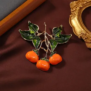 Preciosa broche alfiler de fruta caqui esmaltada vintage elegante diseño de planta