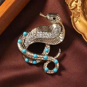 Vintage turquoise cobra brooch rhinestones crystal snake pin for women fashion jewelry