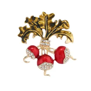 Broche Planta Fruta Esmaltada Vintage Estrás Rábano Rojo Abrigo Pin Joyería Moda Elegante