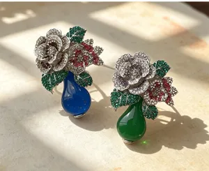 Élégante broche vase de fleurs pivoine en cristal, épingle strass de luxe pour manteau et robe.