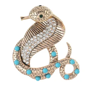 Vintage snake brooch with blue turquoise beads and clear rhinestones for women clothing