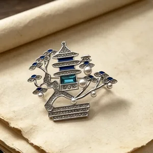 Exquisite Chinese style pagoda pearl brooch, elegant retro enamel crystal pin for qipao.