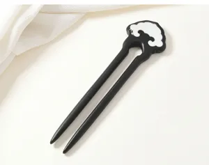 New Chinese style sandalwood hairpin with inlaid ruyi pattern, black wood stick.