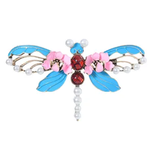 Broche libellule émail style chinois avec perles et fleurs de pivoine roses pour hanfu robes.