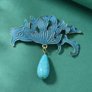 Chinese style blue enamel brooch with turquoise teardrop pendant elegant hanfu accessory.
