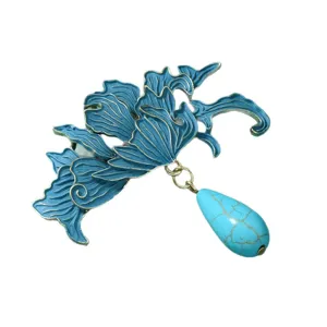 Chinese style blue enamel floral brooch with turquoise teardrop pendant for elegant women apparel