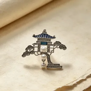 Exquisite neo-Chinese pavilion pearl brooch, vintage silver craft with elegant hanging tassels for hanfu.