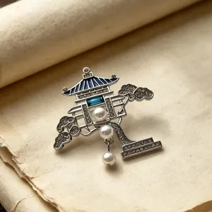 Exquisite Chinese pavilion pearl brooch with tassel pin, exquisite niche design for Hanfu.