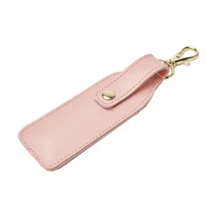Pink PU leather lipstick storage case portable mini cosmetic bag with gold keychain hook