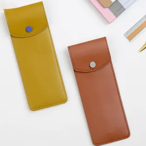 Estuche de cuero PU color solido elegante bolsa de papeleria almacenamiento amarillo marron