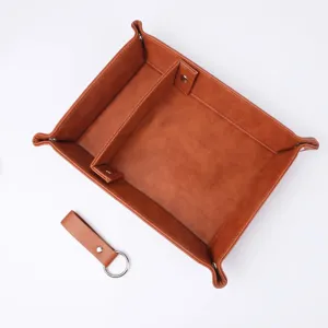 Brown PU leather desktop valet tray with divider and key ring, perfect for entryway organization.