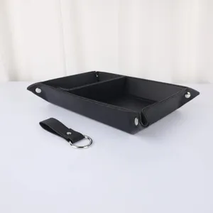 Black PU leather valet tray with compartments, folding desktop organizer for keys and everyday items.