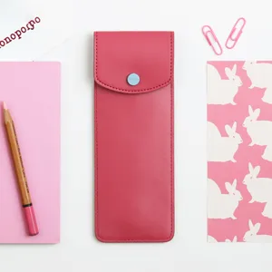 Estuche de lápices de cuero PU rosa con botón a presión, gran capacidad bonito.