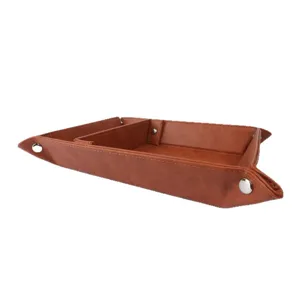 PU leather folding desktop storage tray for home office organization and accessories, brown