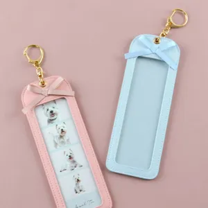 PU Leather Photo Keychain Long 4-Grid DIY Pet Pictures Holder Card Folder With Bow Knot Charm Modern Key Ring For Women Lovers