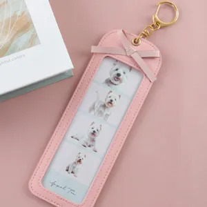 Pink PU leather cute pet photo keychain long four-grid design DIY photo holder pendant.