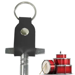 Close-up view of a portable drum tuning key with a black PU leather case and metal ring.