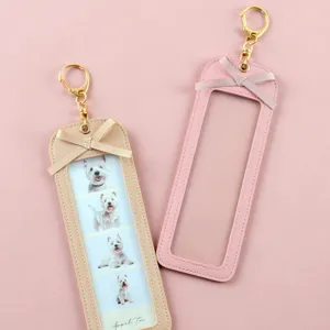 Korean style PU leather pet photo keychain, cute long four-grid DIY cardholder couple pendant