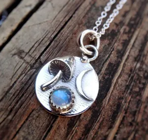 Silver moonstone mushroom pendant necklace featuring crescent moon design for women fashion daily wear.