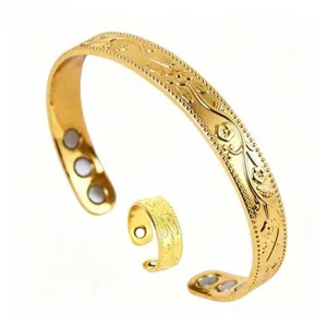 Vintage Floral Embossed Zinc Alloy Magnetic Bracelet And Ring Set Retro Adjustable Open Cuff Bangle Jewelry For Women Men