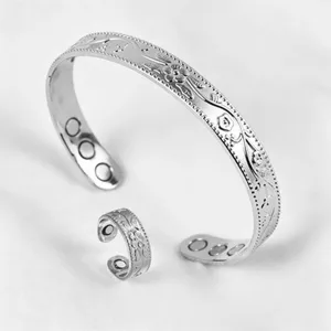Detailed close-up highlighting floral embossed textures and magnetic details of the jewelry.