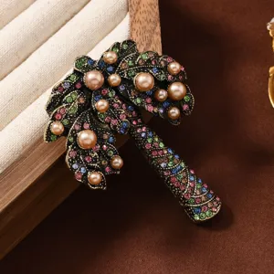 Broche Palme Vintage Strass Perle Bronze Épingle de Revers pour Manteau Femme Vêtement.