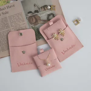 Pink velvet jewelry pouch set with snap button, soft storage bags for earrings and necklace.