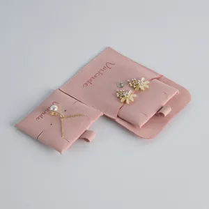 Pink velvet jewelry pouch with snap button, ring and necklace display folding storage bag.