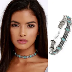 Vintage bohemian style alloy turquoise choker necklace for women fashion jewelry.