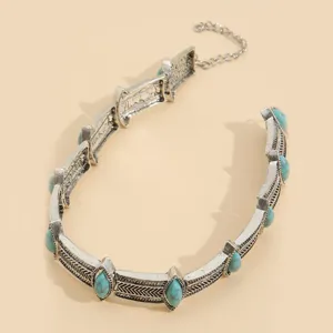 Bohemian vintage turquoise alloy necklace for women, stylish holiday choker jewelry detail.