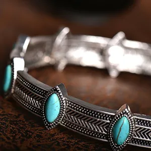 Bohemian vintage turquoise alloy bracelet, exquisite geometric engraved detailed design.