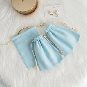 Baumwolle Leinen Kordelzug Schmuckbeutel, weiche Geschenktaschen für Accessoires, hellblau.