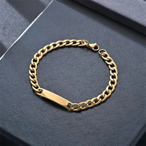 Gold stainless steel Cuban link ID bracelet for men and women, stylish couple jewelry bangle.
