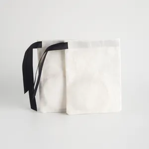 Baumwolle Kordelzug Schmuck Verpackung Beutel Weiß Stoff Kleine Geschenkbeutel Mit Schwarzem Band Für Ringe Ohrringe Lagerung