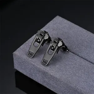 Detailed view of black zipper stud earrings made of stainless steel with a unique minimalist style.