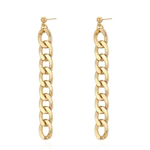 Close-up detail of stylish gold chunky chain drop earrings, elegant metallic texture.