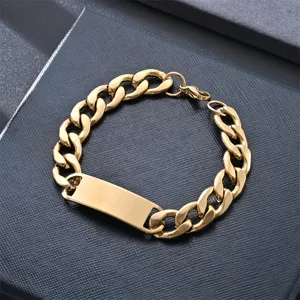 Gold stainless steel Cuban link bracelet with ID plate, stylish fashion jewelry for couples.