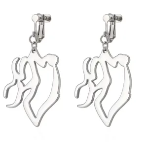 Silver clip-on earrings with abstract cutout pendant, stylish metal jewelry for women.