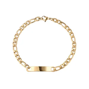 Gold stainless steel ID bracelet detail view, elegant men women jewelry link accessory.