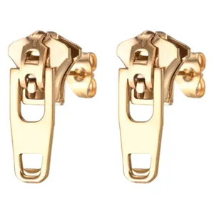 Minimalist stainless steel zipper stud earrings for women trendy gold tone metal chic jewelry