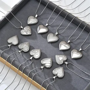 Women Stainless Steel Heart Locket Necklace French Vintage Engraved Rose Flower Heart Photo Frame Pendant Snake Chain Jewelry