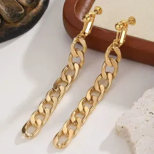 Detailed shot of long gold chain clip-on earrings with chic metallic links and screw back.