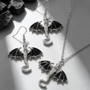 Exquisite gothic style silver alloy dragon necklace and earrings set, detailed monster design.