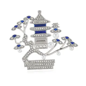 Chinese style pagoda pearl brooch vintage crystal bonsai pin elegant hanfu qipao accessories