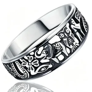 Vintage Alloy Carved Band Ring For Women Thai Silver Distressed Finish Wide Relief Owl Elephant Horseshoe Pattern Ring Jewelry Gift