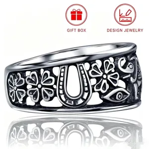 Vintage silver plated wide ring with lucky clover, elephant and owl carved motifs for women.