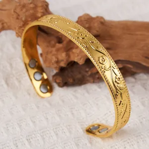 Vintage gold floral magnetic cuff bracelet adjustable antique copper health bracelet for women